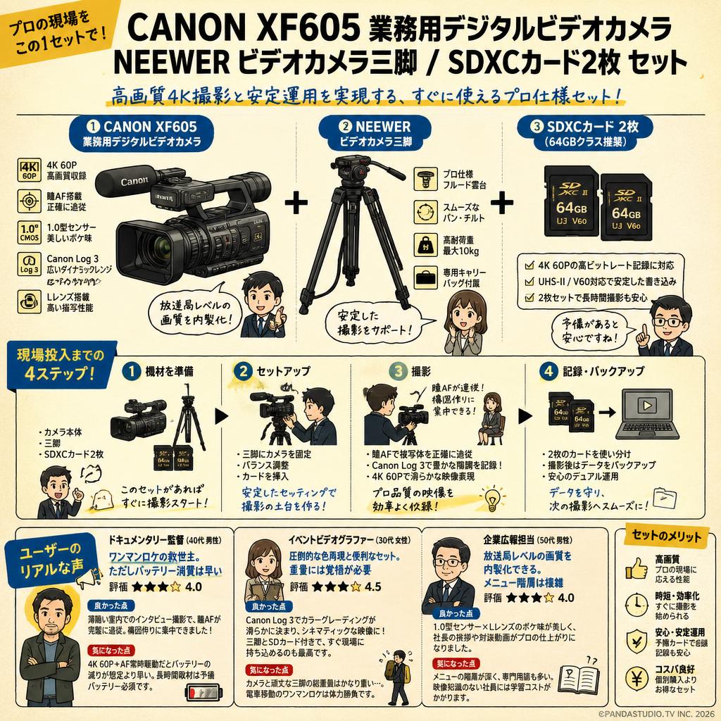 CANON XF605 業務用デジタルビデオカメラ / NEEWER ビデオカメラ三脚  / SDXCカード2枚 セット インターネット上のお客様の声（評判）