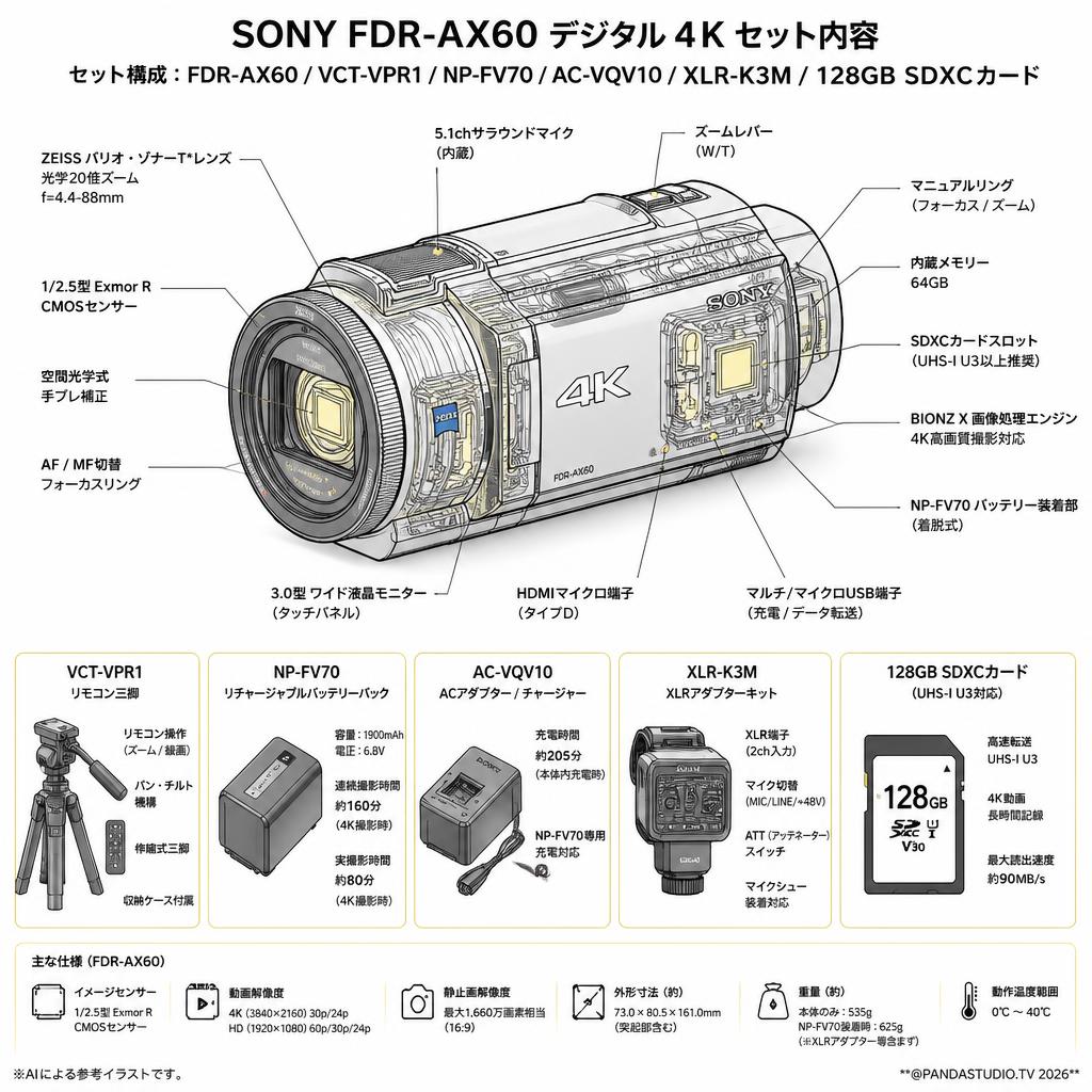 SONY FDR-AX60 デジタル４K / VCT-VPR1 / NP-FV70 / AC-VQV10 / XLR-K3M / 128GB SDXCカード セット スペック