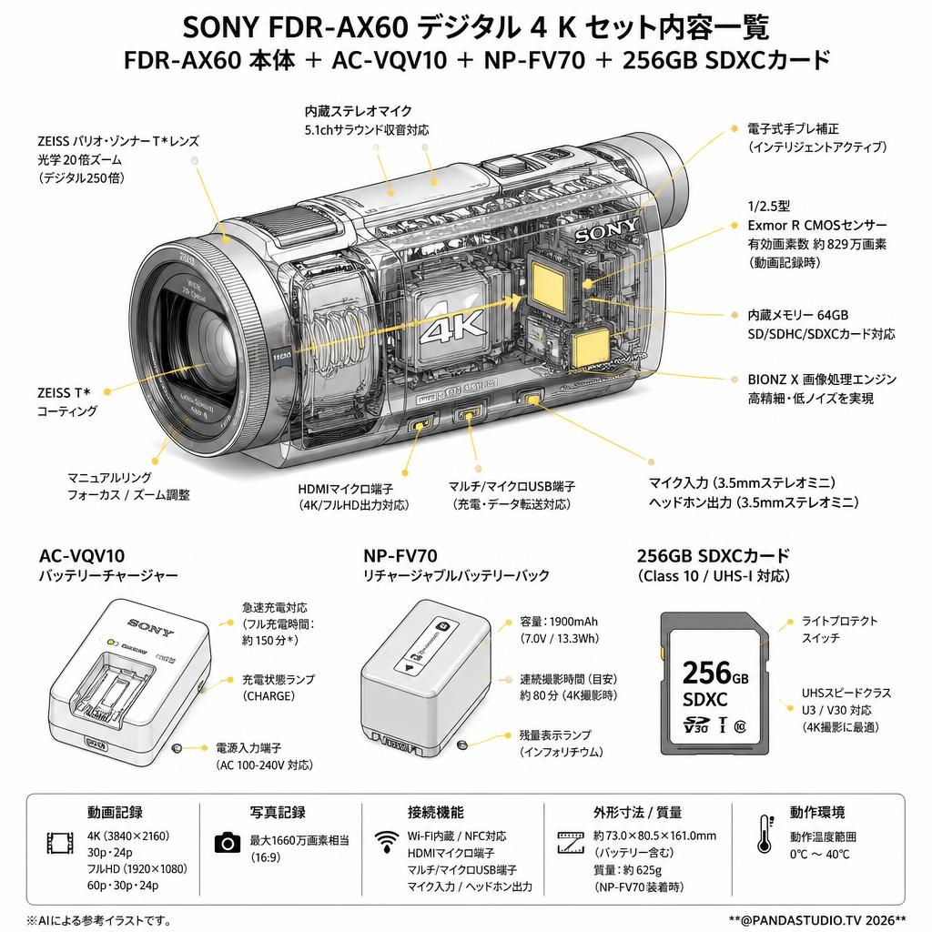 SONY FDR-AX60 デジタル４K / AC-VQV10 / NP-FV70 / 256GB SDXCカード セット スペック
