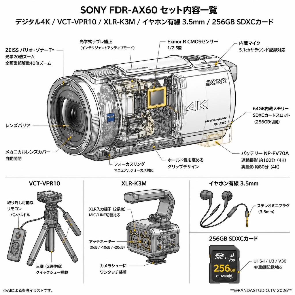 SONY FDR-AX60 デジタル４K / VCT-VPR10 / XLR-K3M / イヤホン有線 3.5mm / 256GB SDXCカード セット スペック