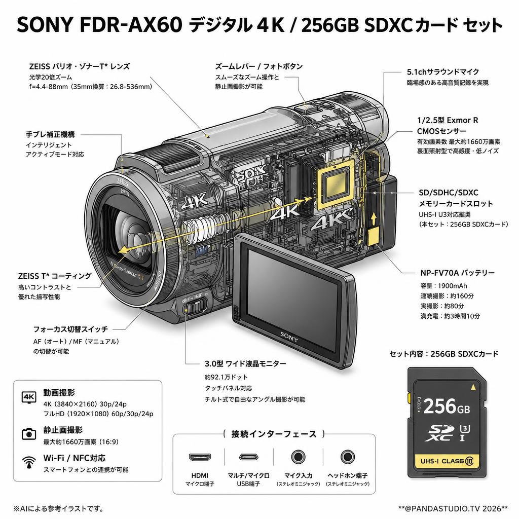 SONY FDR-AX60 デジタル４K / 256GB SDXCカード セット スペック