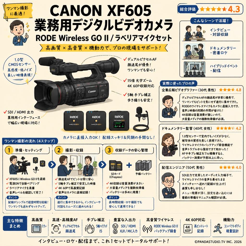 CANON XF605 業務用デジタルビデオカメラ / RODE Wireless GO II / ラベリアマイクセット インターネット上のお客様の声（評判）