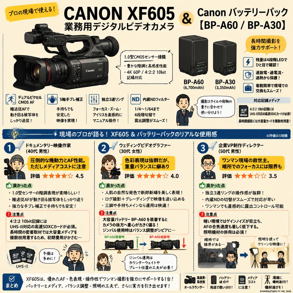 CANON XF605 業務用デジタルビデオカメラ/ Canon バッテリーパック【BP-A60/BP-A30】 インターネット上のお客様の声（評判）