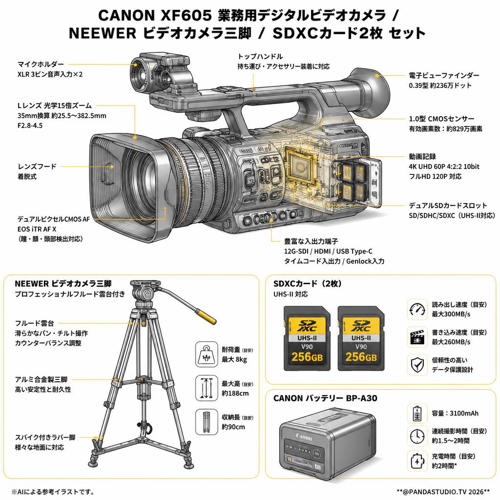 CANON XF605 業務用デジタルビデオカメラ / NEEWER ビデオカメラ三脚  / SDXCカード2枚 セット スペック