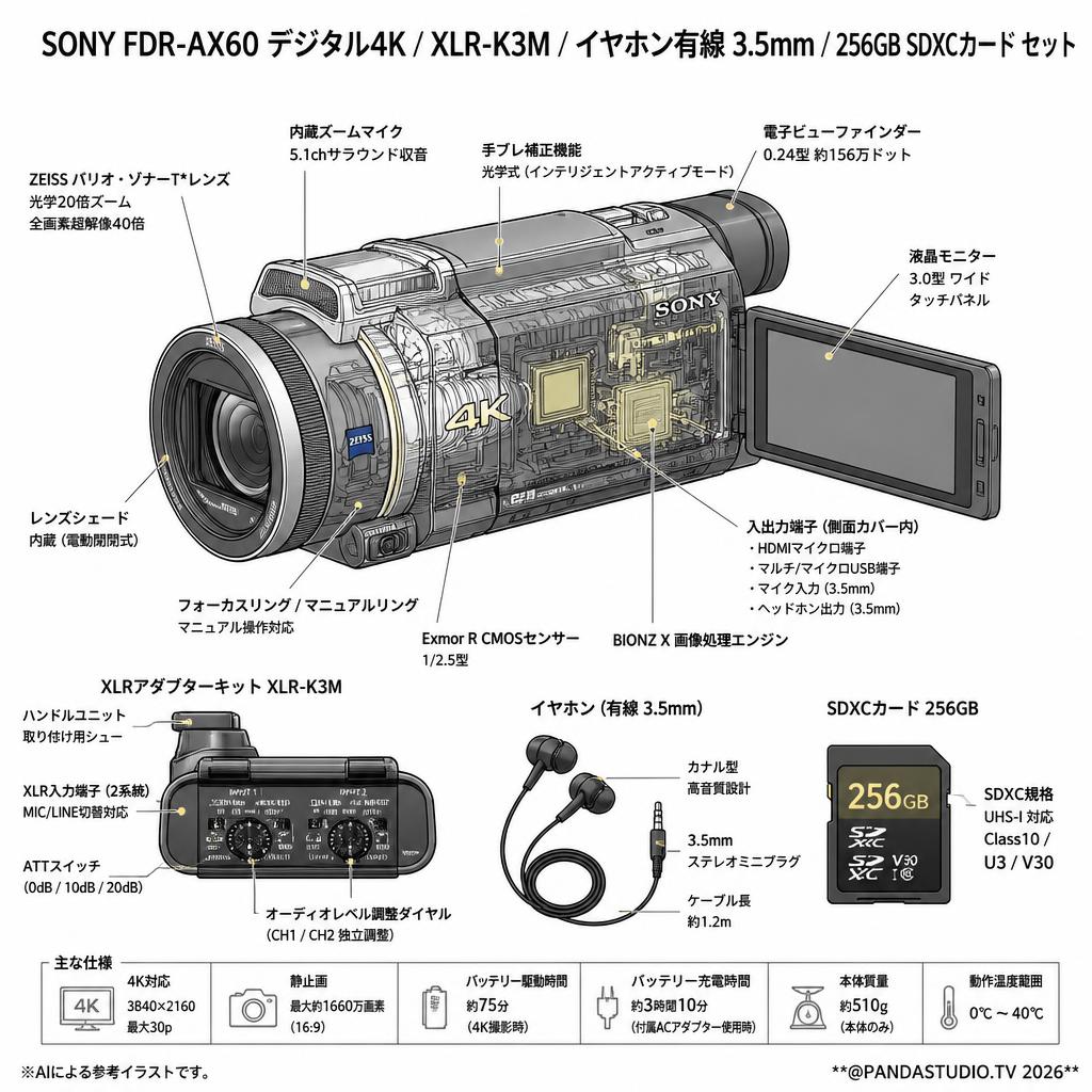 SONY FDR-AX60 デジタル４K / XLR-K3M / イヤホン有線 3.5mm / 256GB SDXCカード セット スペック