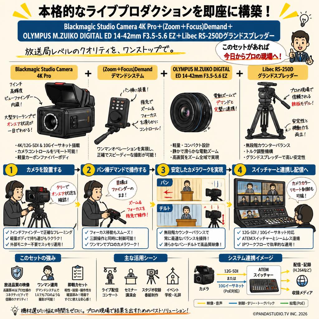 Blackmagic Studio Camera 4K Pro＋(Zoom＋Focus)Demand＋OLYMPUS M.ZUIKO DIGITAL ED 14-42mm F3.5-5.6 EZ＋Libec RS-250Dグランドスプレッダー 概要