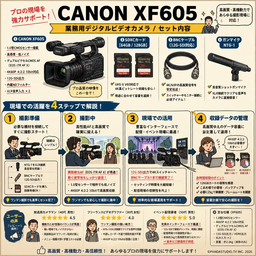 CANON XF605 業務用デジタルビデオカメラ / SDXCカード【64GB / 128GB 】/ BNCケーブル / ガンマイク NTG-1セット インターネット上のお客様の声（評判）