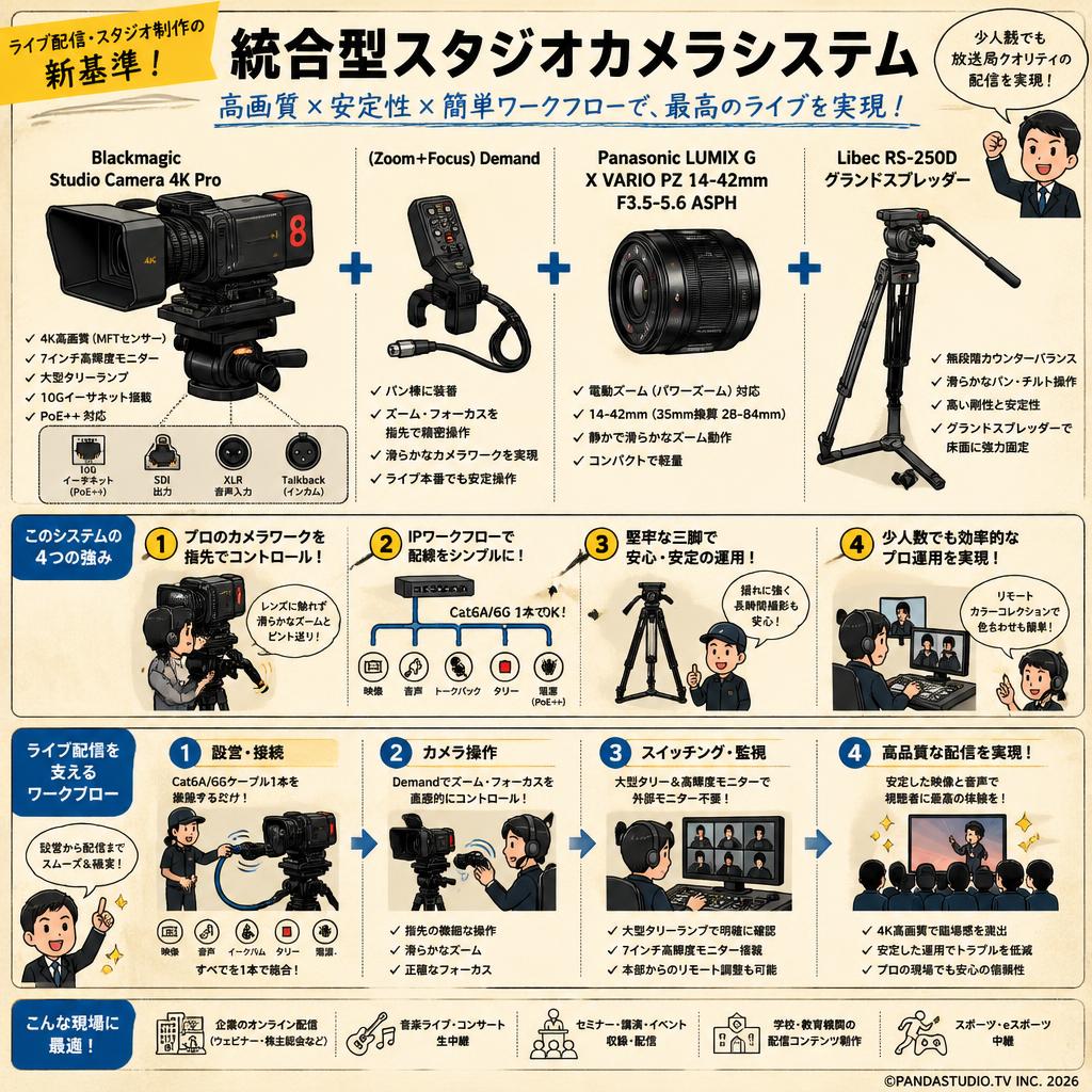 Blackmagic Studio Camera 4K Pro＋(Zoom＋Focus)Demand＋Panasonic LUMIX G X VARIO PZ 14-42mm F3.5-5.6 ASPH＋Libec RS-250Dグランドスプレッダー 概要