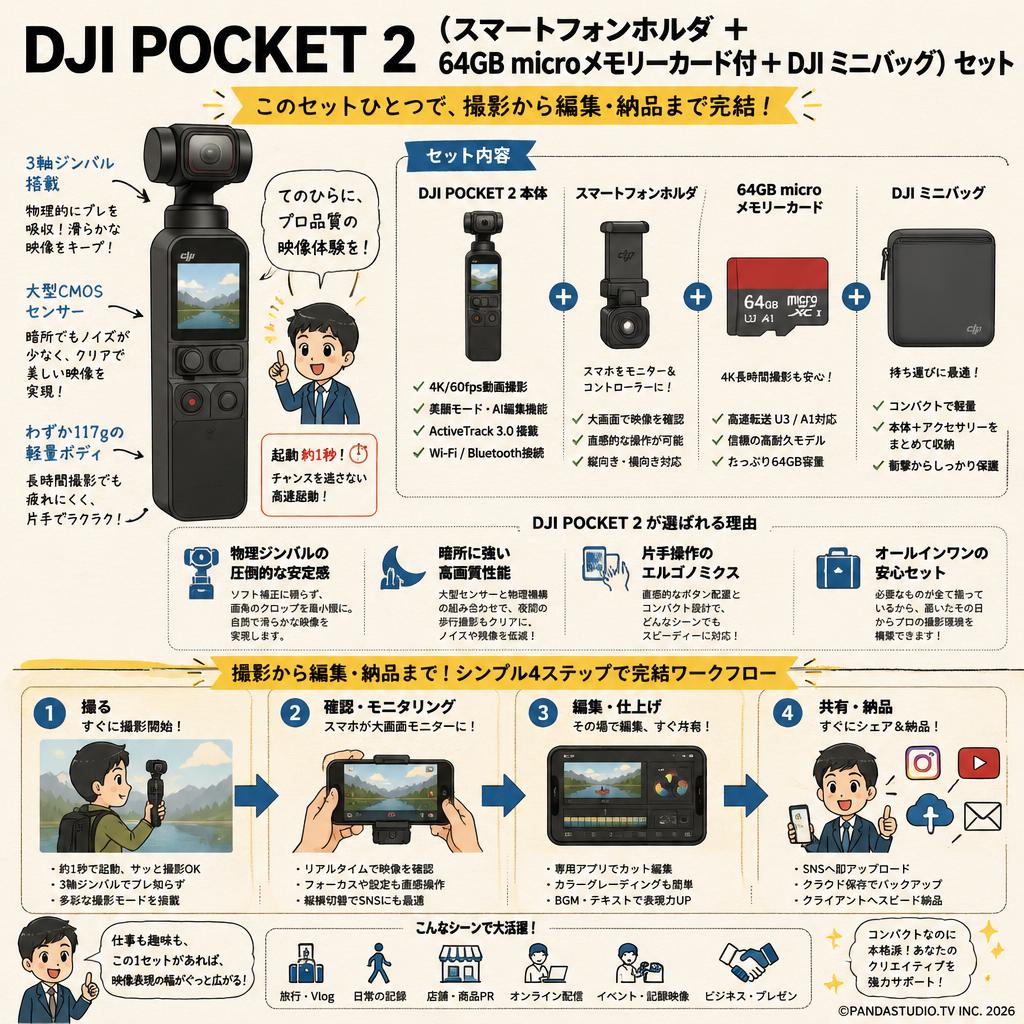 DJI Pocket 2 （スマートフォンホルダ ＋ 64GB microメモリーカード付＋DJI ミニバッグ）セット 概要