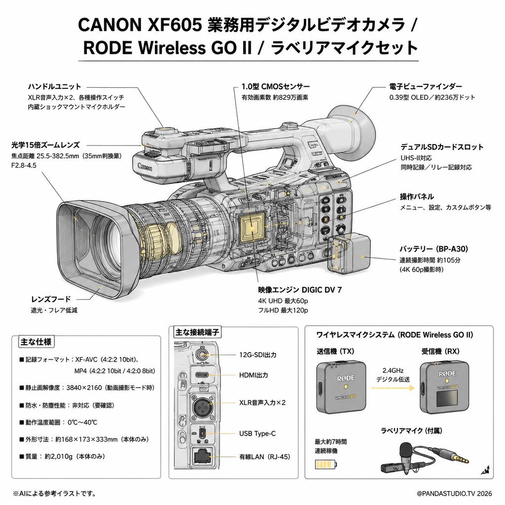 CANON XF605 業務用デジタルビデオカメラ / RODE Wireless GO II / ラベリアマイクセット スペック