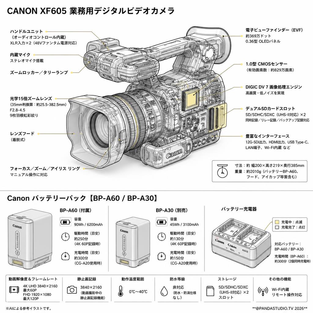 CANON XF605 業務用デジタルビデオカメラ/ Canon バッテリーパック【BP-A60/BP-A30】 スペック