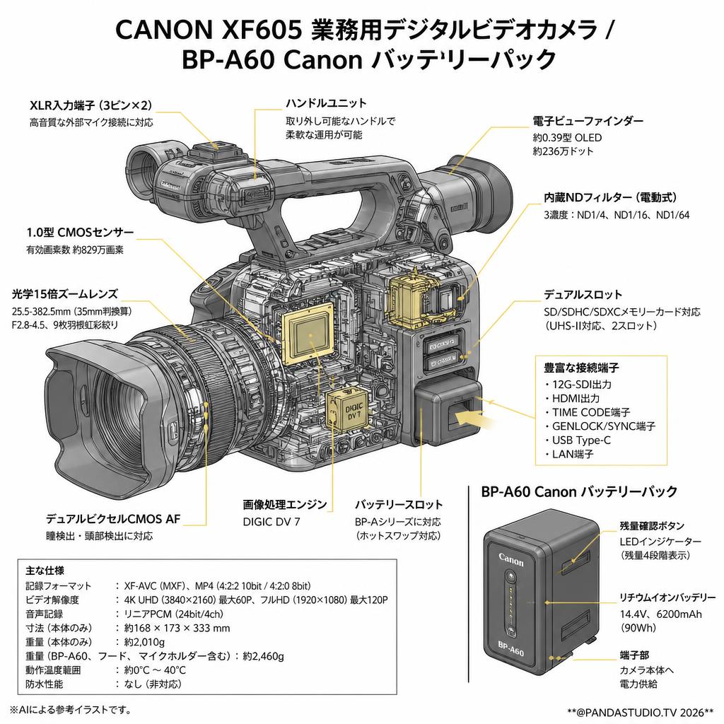 CANON XF605 業務用デジタルビデオカメラ/ BP-A60 Canon バッテリーパック スペック