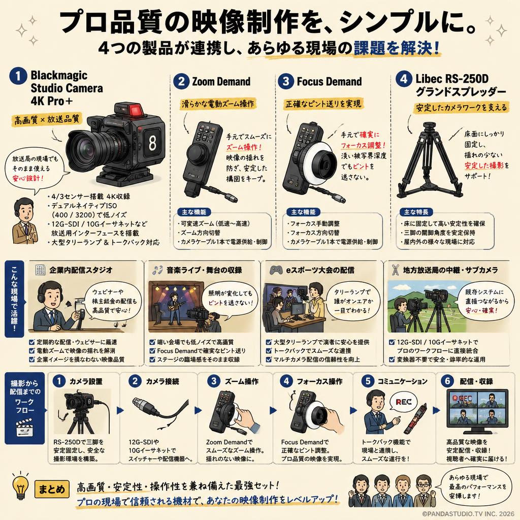 Blackmagic Studio Camera 4K Pro＋(Zoom＋Focus)Demand＋Panasonic LUMIX G X VARIO PZ 14-42mm F3.5-5.6 ASPH＋Libec RS-250Dグランドスプレッダー おもな対象のお客様