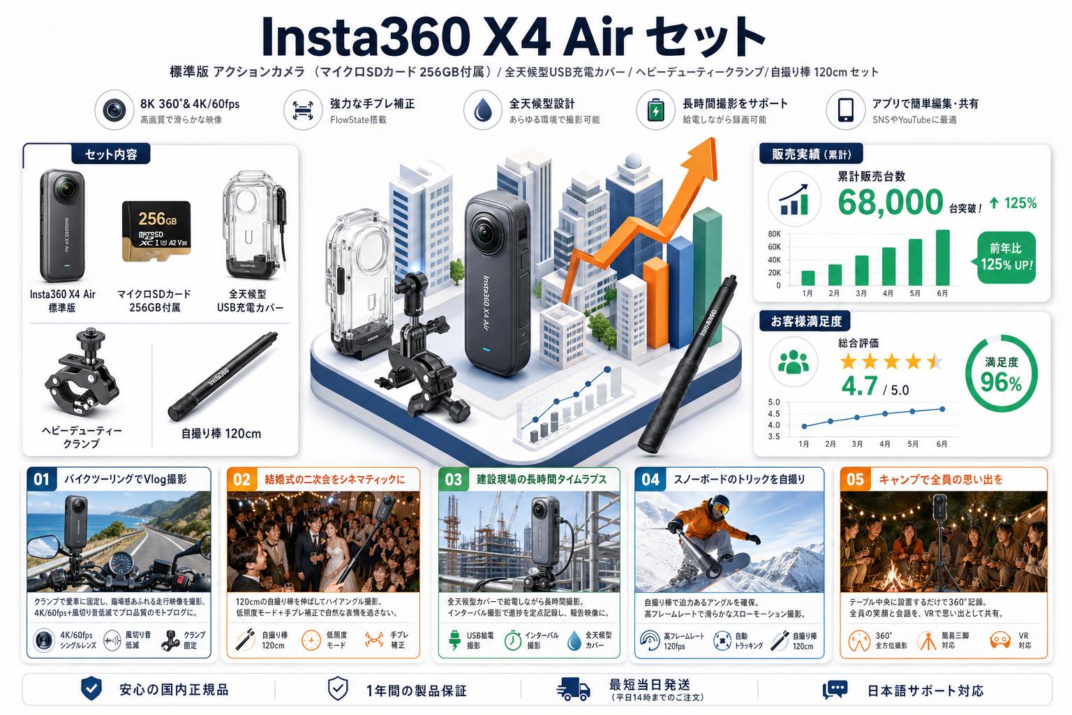Insta360 X4 Air 標準版 アクションカメラ  (マイクロSDカード 256GB付属）/ 全天候型USB充電カバー / ヘビーデューティークランプ/ 自撮り棒 120cm セット 用途