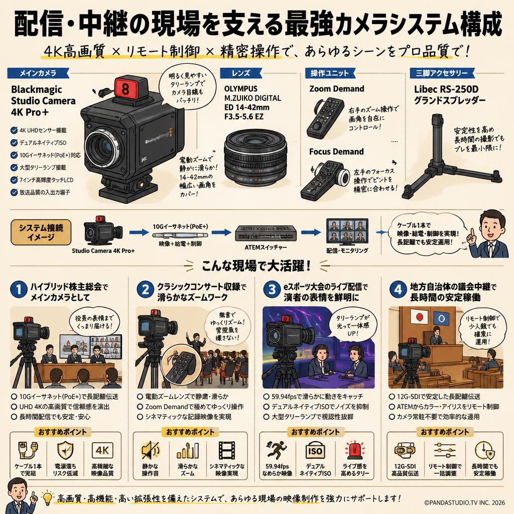 Blackmagic Studio Camera 4K Pro＋(Zoom＋Focus)Demand＋OLYMPUS M.ZUIKO DIGITAL ED 14-42mm F3.5-5.6 EZ＋Libec RS-250Dグランドスプレッダー 用途