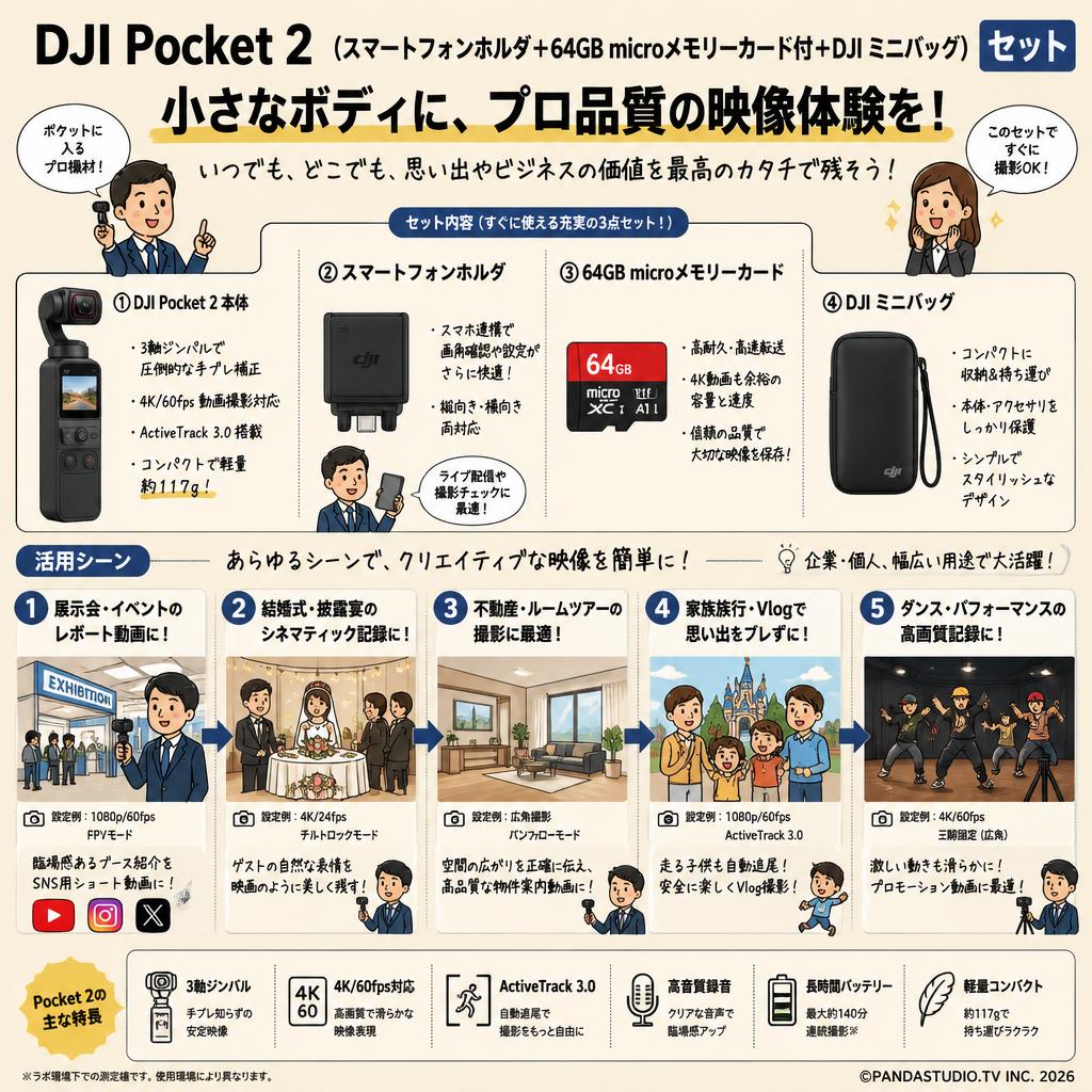 DJI Pocket 2 （スマートフォンホルダ ＋ 64GB microメモリーカード付＋DJI ミニバッグ）セット 用途