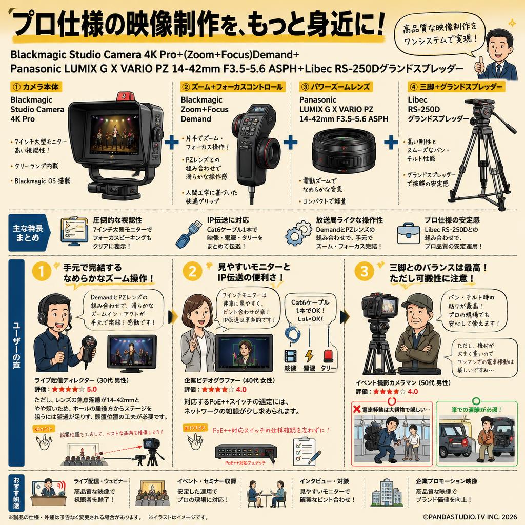 Blackmagic Studio Camera 4K Pro＋(Zoom＋Focus)Demand＋Panasonic LUMIX G X VARIO PZ 14-42mm F3.5-5.6 ASPH＋Libec RS-250Dグランドスプレッダー インターネット上のお客様の声（評判）