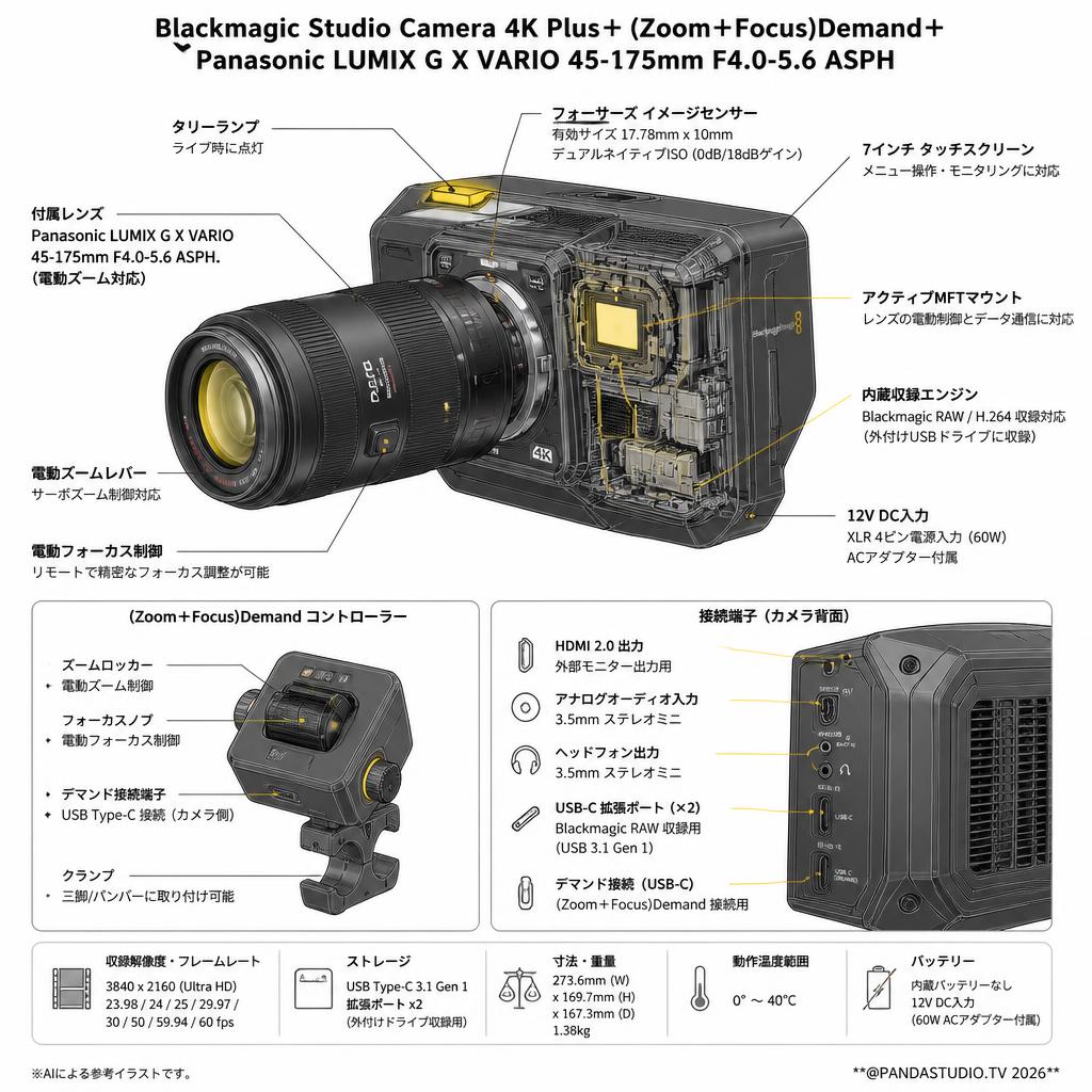 Blackmagic Studio Camera 4K Plus＋(Zoom＋Focus)Demand＋Panasonic LUMIX G X VARIO  45-175mm F4.0-5.6 ASPH スペック