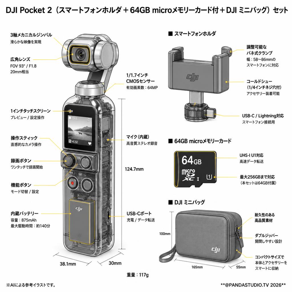 DJI Pocket 2 （スマートフォンホルダ ＋ 64GB microメモリーカード付＋DJI ミニバッグ）セット スペック