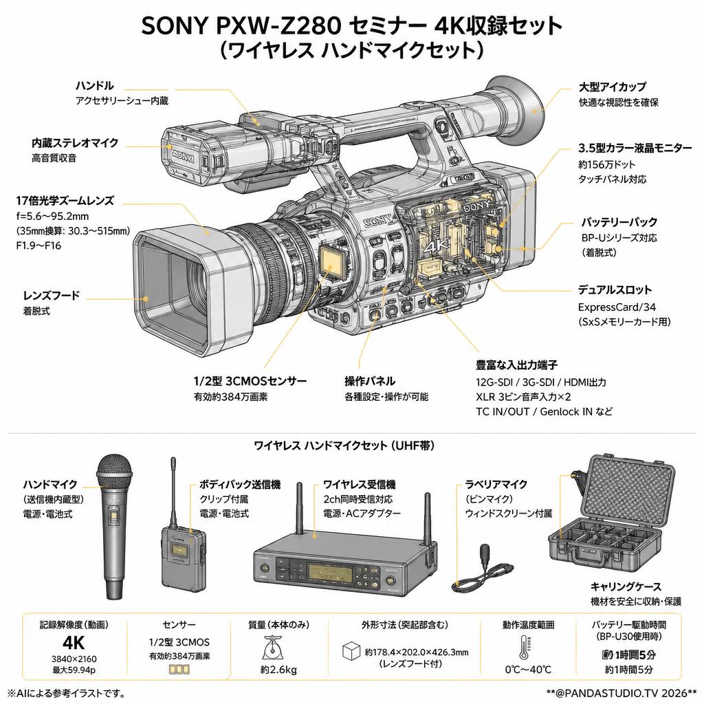 SONY PXW-Z280  セミナー 4K収録セット （ワイヤレス ハンドマイクセット） スペック