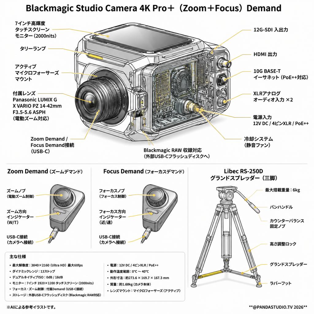 Blackmagic Studio Camera 4K Pro＋(Zoom＋Focus)Demand＋Panasonic LUMIX G X VARIO PZ 14-42mm F3.5-5.6 ASPH＋Libec RS-250Dグランドスプレッダー スペック