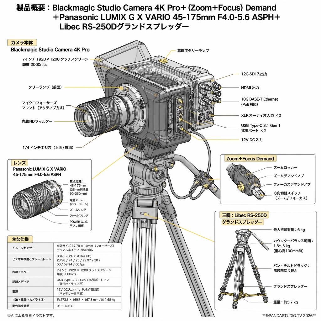 Blackmagic Studio Camera 4K Pro＋(Zoom＋Focus)Demand＋Panasonic LUMIX G X VARIO  45-175mm F4.0-5.6 ASPH＋Libec RS-250Dグランドスプレッダー スペック