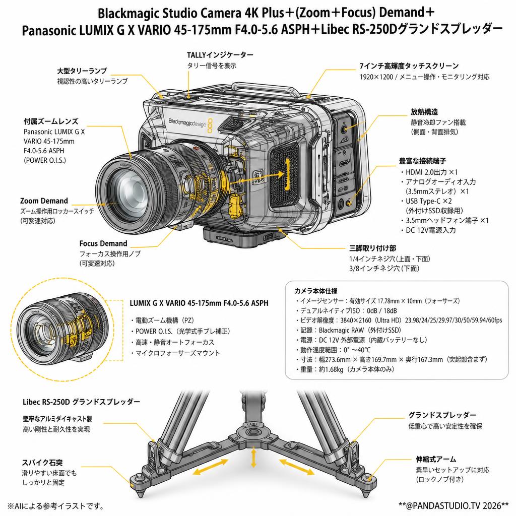 Blackmagic Studio Camera 4K Plus＋(Zoom＋Focus)Demand＋Panasonic LUMIX G X VARIO  45-175mm F4.0-5.6 ASPH＋Libec RS-250Dグランドスプレッダー スペック