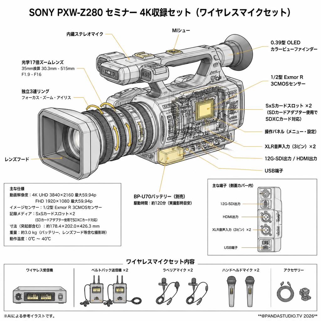 SONY PXW-Z280  セミナー 4K収録セット （ワイヤレスマイクセット） スペック