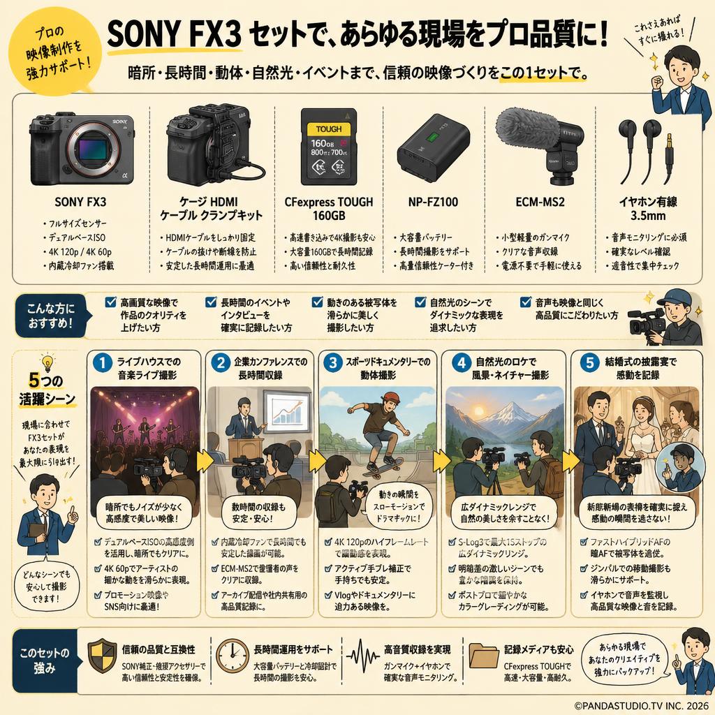 SONY FX3 / ケージ HDMI ケーブル クランプキット / CFexpress TOUGH 160GB / NP-FZ100 / ECM-MS2 / イヤホン有線 3.5mm セット 用途