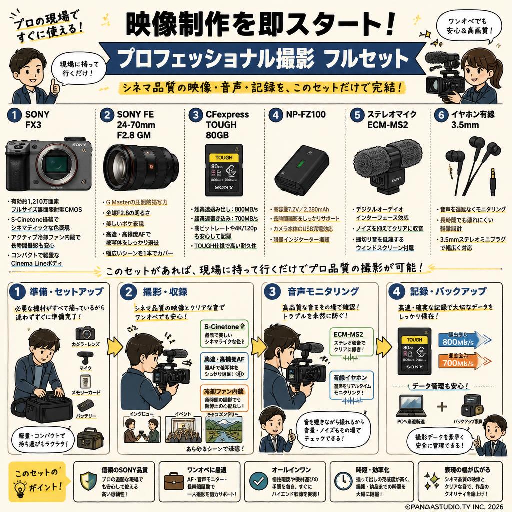 SONY FX3 / SONY FE 24-70mm F2.8 GM / CFexpress TOUGH 80GB / NP-FZ100 / ステレオマイク ECM-MS2 / イヤホン有線 3.5mmセット 概要