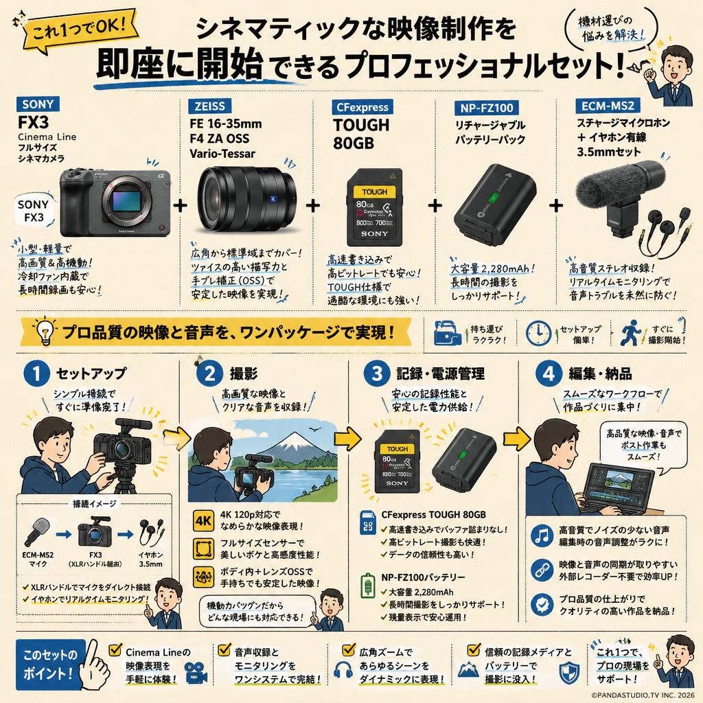 SONY FX3 / FE 16-35mm F4 ZA OSS Vario-Tessar / CFexpress TOUGH 80GB / NP-FZ100 / ECM-MS2 + イヤホン有線 3.5mmセット 概要
