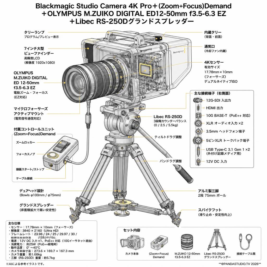 Blackmagic Studio Camera 4K Pro＋(Zoom＋Focus)Demand＋OLYMPUS M.ZUIKO DIGITAL ED12-50mm f3.5-6.3 EZ＋Libec RS-250Dグランドスプレッダー スペック