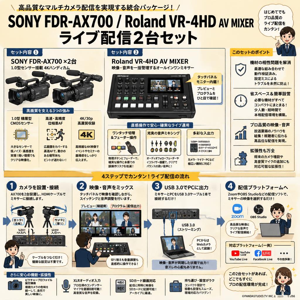 SONY FDR-AX700 / Roland VR-4HD AV MIXER ライブ配信2台セット 概要