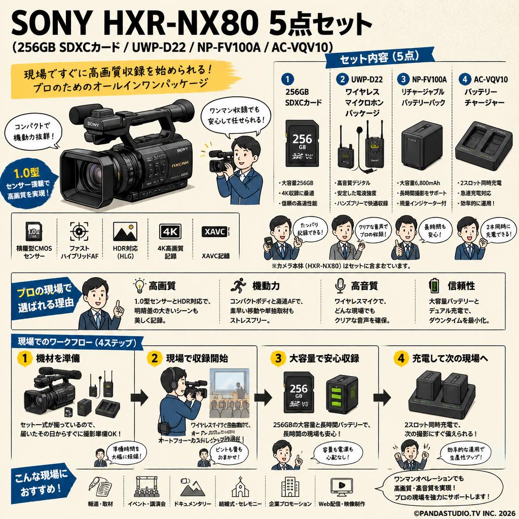 SONY HXR-NX80 5点セット(256GB SDXCカード / UWP-D22 / NP-FV100A / AC-VQV10） 概要