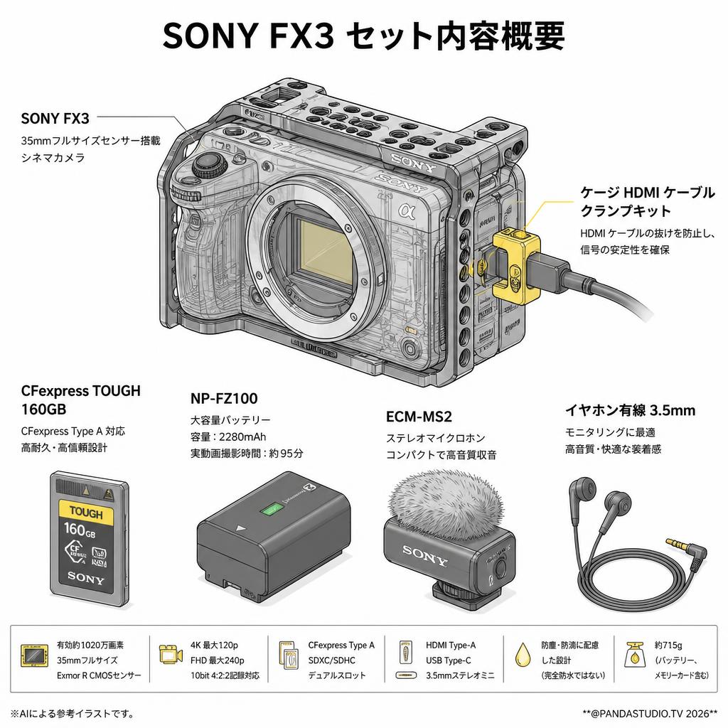 SONY FX3 / ケージ HDMI ケーブル クランプキット / CFexpress TOUGH 160GB / NP-FZ100 / ECM-MS2 / イヤホン有線 3.5mm セット スペック