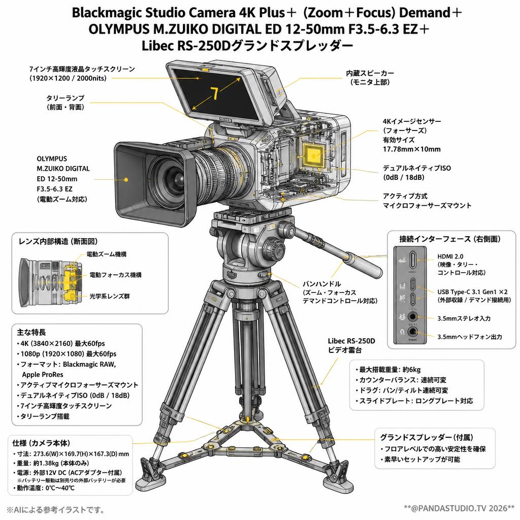 Blackmagic Studio Camera 4K Plus＋(Zoom＋Focus)Demand＋OLYMPUS M.ZUIKO DIGITAL ED12-50mm f3.5-6.3 EZ＋Libec RS-250Dグランドスプレッダー スペック