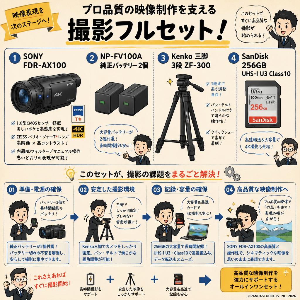 SONY FDR-AX100 / NP-FV100A 純正バッテリー2個 / Kenko 三脚 3段 ZF-300 / SanDisk 256GB UHS-I U3 Class10セット 概要