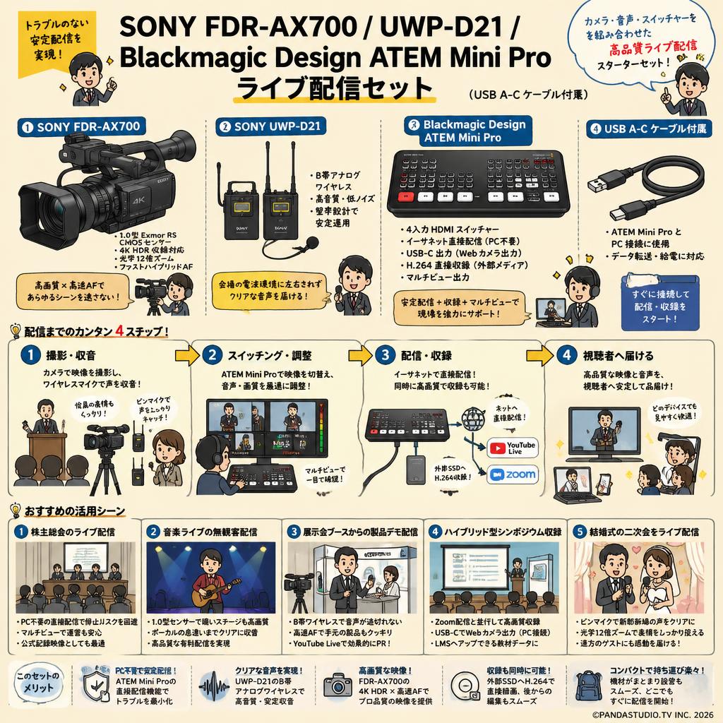 SONY FDR-AX700 / UWP-D21 / Blackmagic Design ATEM Mini Proライブ配信セット（USB A-C ケーブル付属） 用途