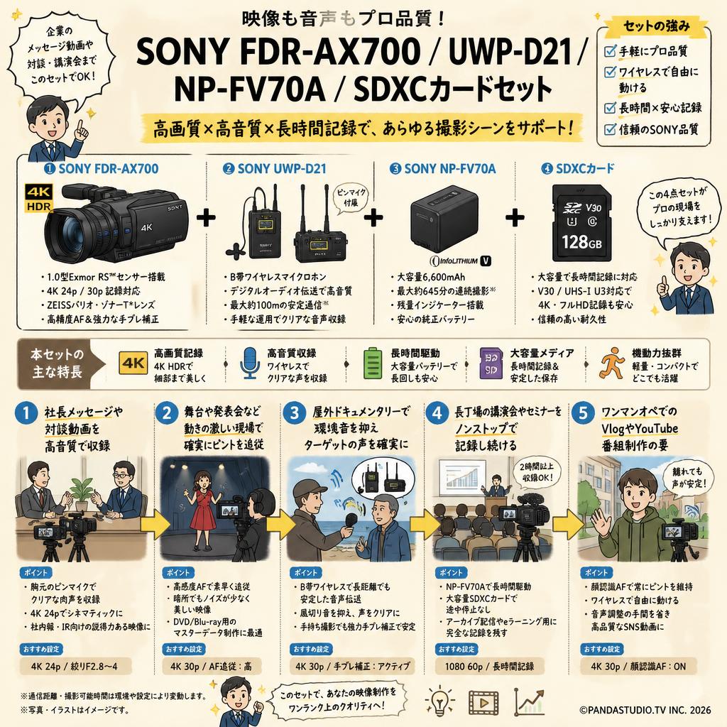 SONY FDR-AX700 / UWP-D21 / NP-FV70A / SDXCカードセット 用途