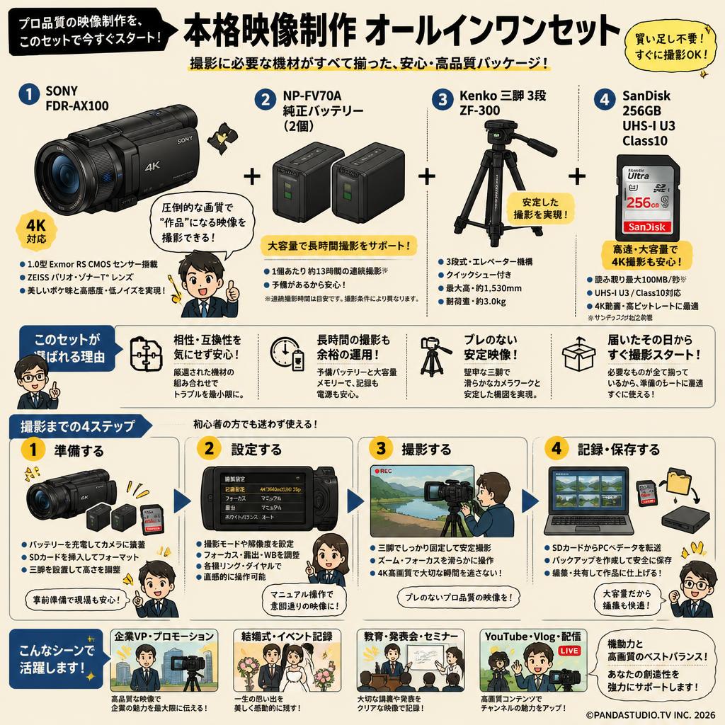 SONY FDR-AX100 / NP-FV70A 純正バッテリー2個 /Kenko 三脚 3段 ZF-300 / SanDisk 256GB UHS-I U3 Class10セット 概要