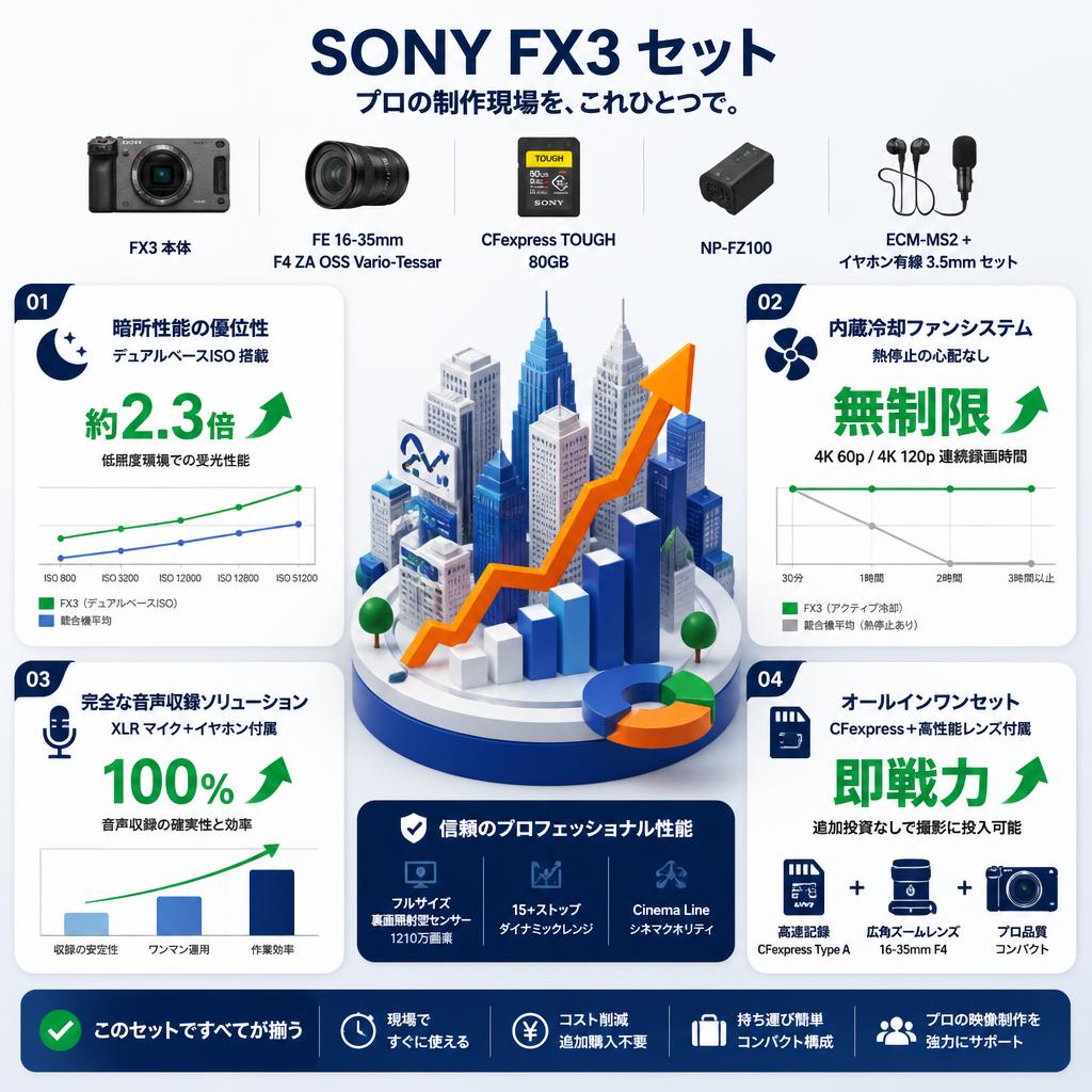 SONY FX3 / FE 16-35mm F4 ZA OSS Vario-Tessar / CFexpress TOUGH 80GB / NP-FZ100 / ECM-MS2 + イヤホン有線 3.5mmセット セールスポイント