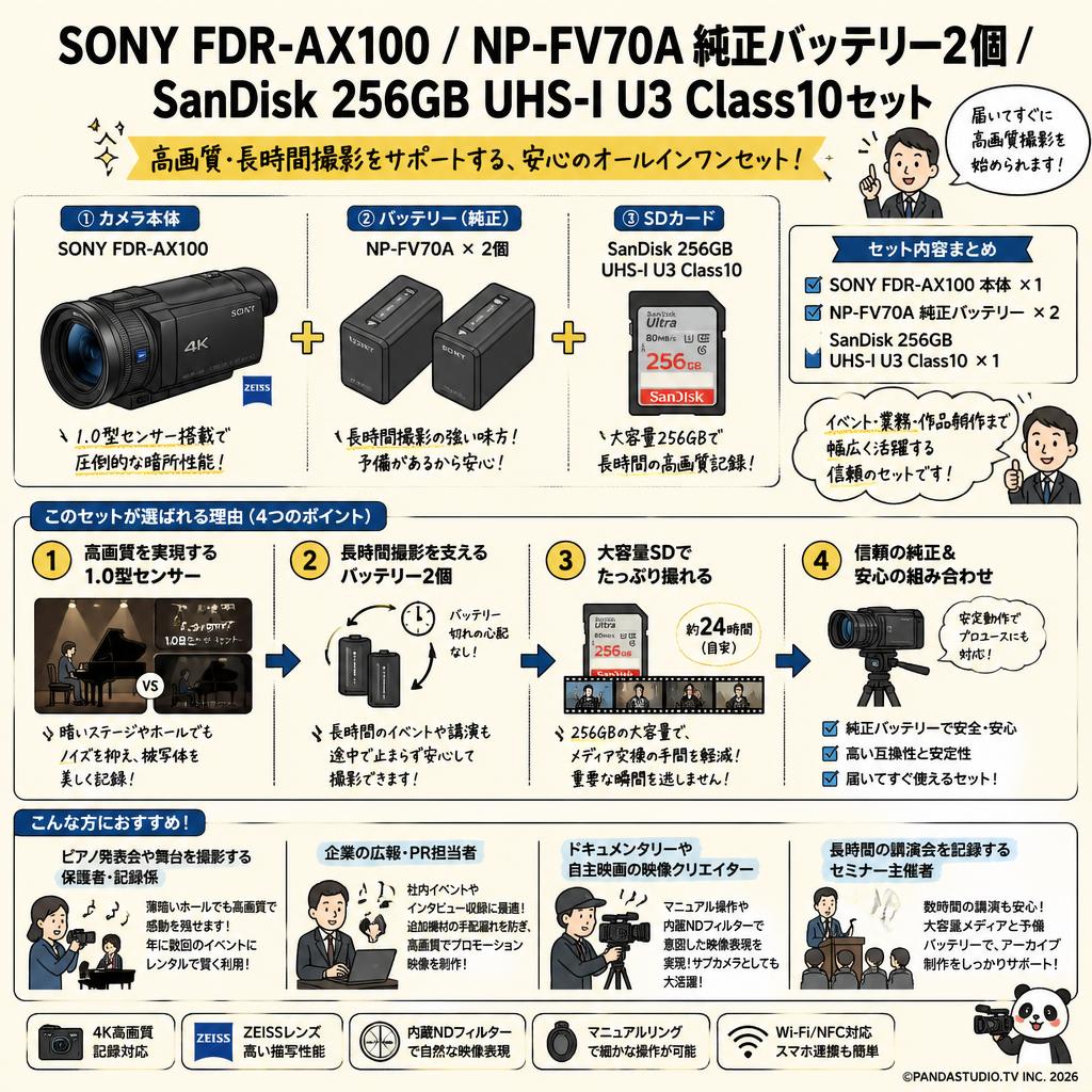 SONY FDR-AX100 / NP-FV70A 純正バッテリー2個 / SanDisk 256GB UHS-I U3 Class10セット おもな対象のお客様
