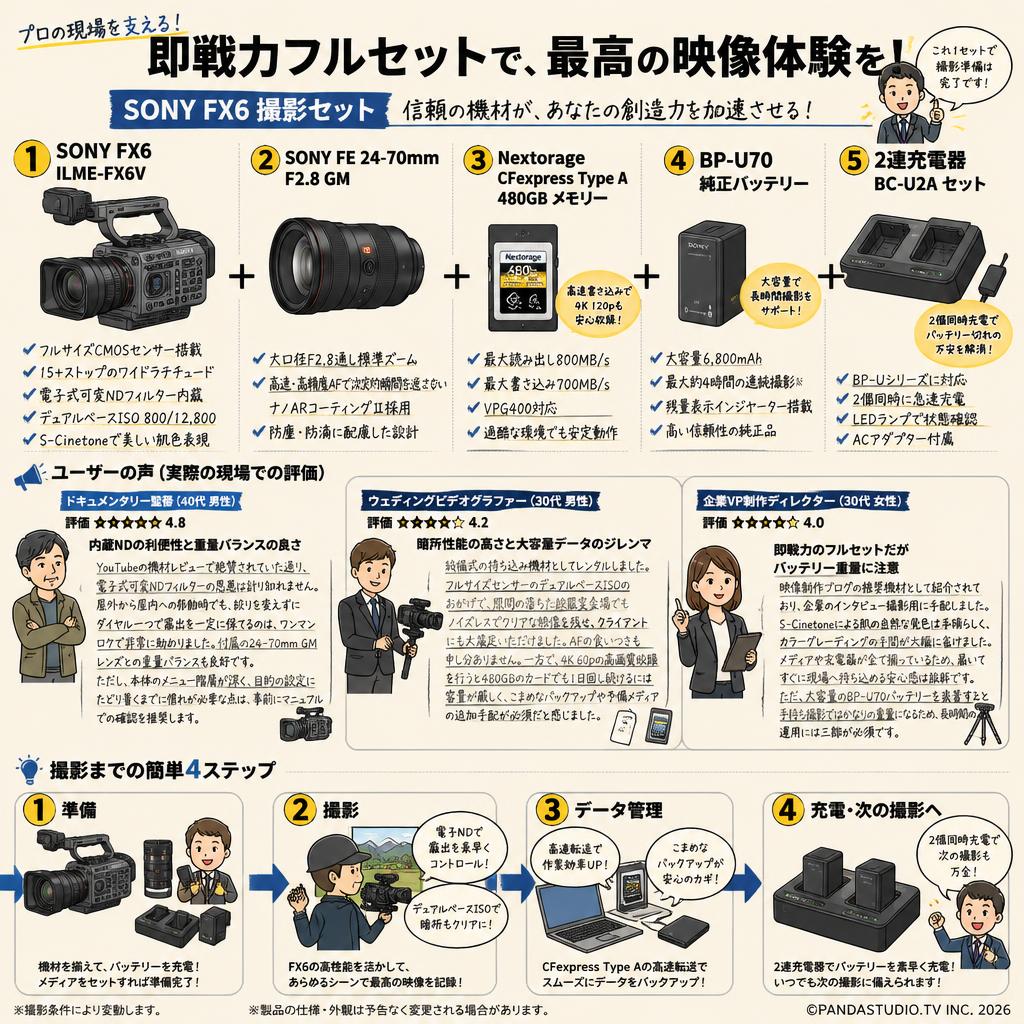 SONY FX6 ILME-FX6V / SONY FE 24-70mm F2.8 GM / Nextorage CFexpress Type A 480GB メモリー / BP-U70 純正バッテリー / 2連充電器 BC-U2A セット インターネット上のお客様の声（評判）