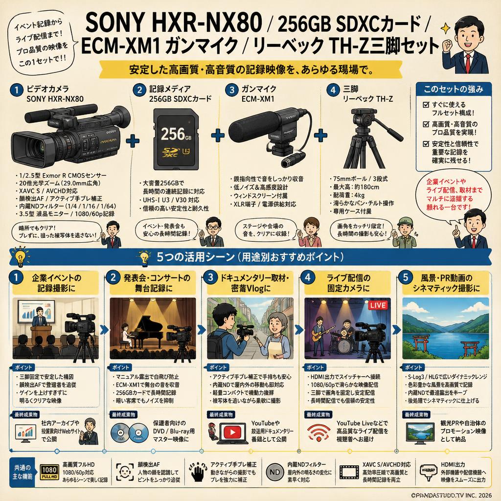 SONY HXR-NX80 / 256GB SDXCカード / ECM-XM1 ガンマイク / リーベック TH-Z三脚セット 用途
