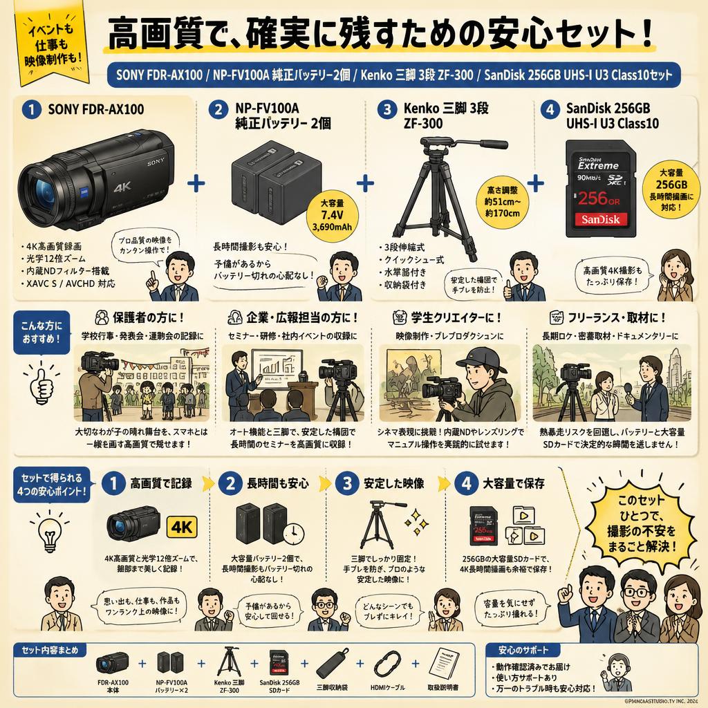 SONY FDR-AX100 / NP-FV100A 純正バッテリー2個 / Kenko 三脚 3段 ZF-300 / SanDisk 256GB UHS-I U3 Class10セット おもな対象のお客様