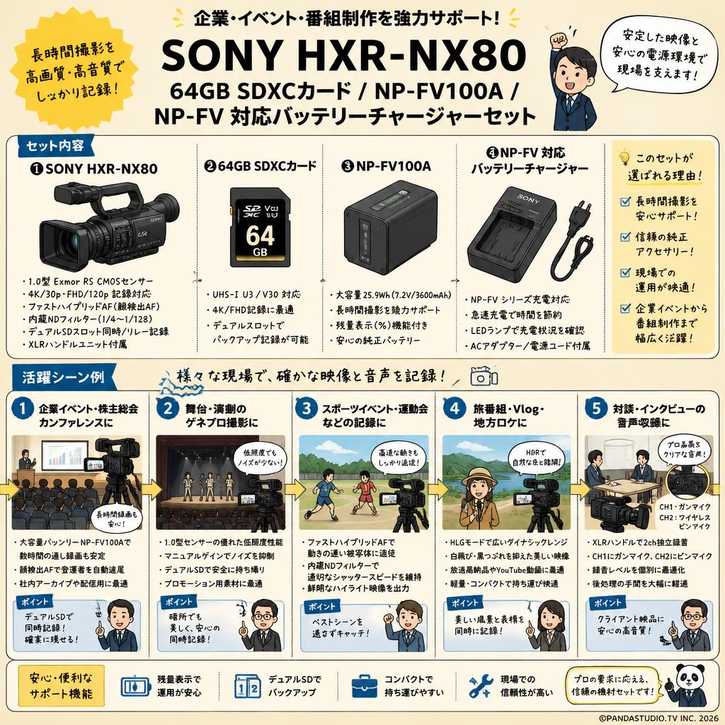 SONY HXR-NX80 / 64GB SDXCカード / NP-FV100A / NP-FV 対応バッテリーチャージャーセット 用途