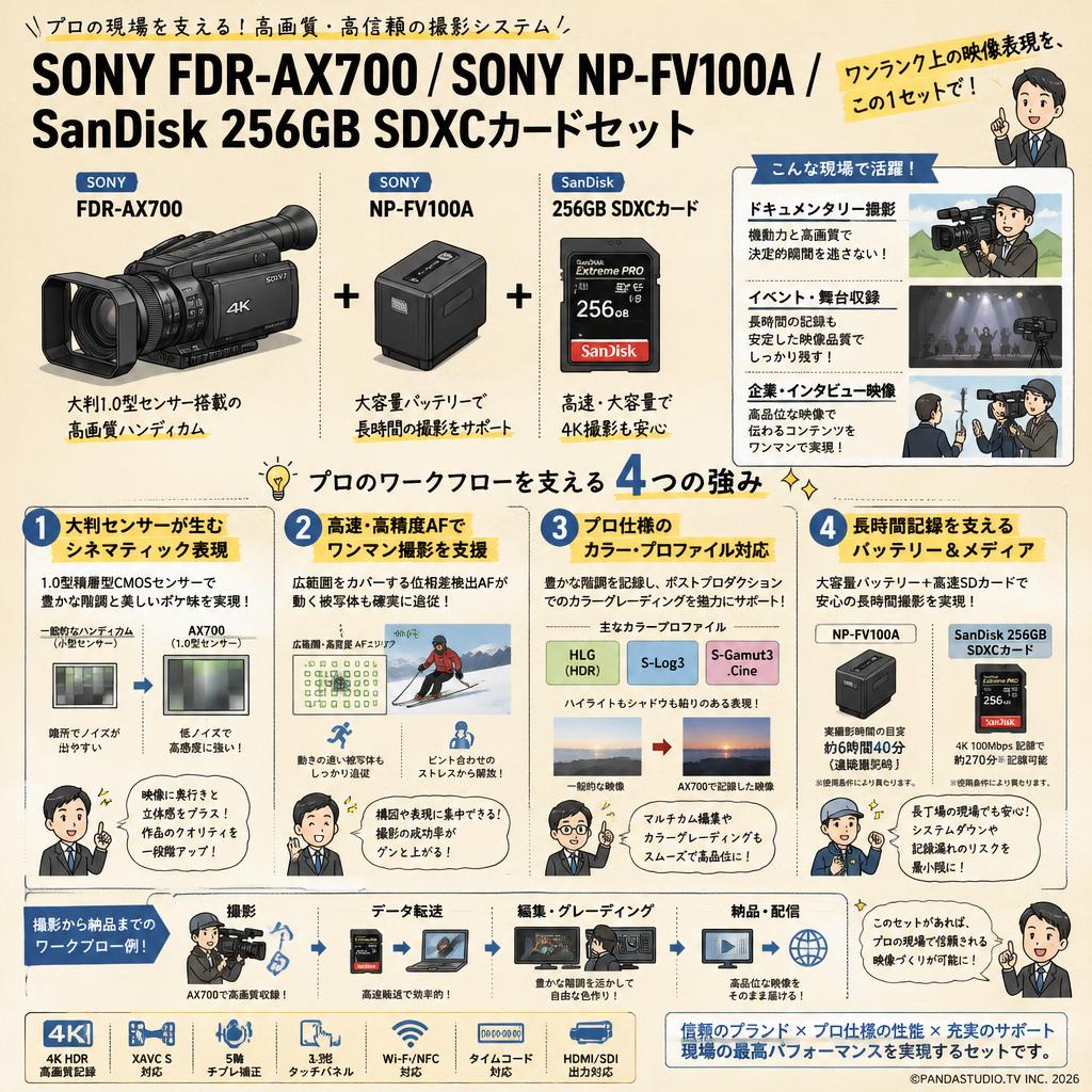 SONY FDR-AX700 / SONY NP-FV100A / SanDisk 256GB SDXCカードセット 概要