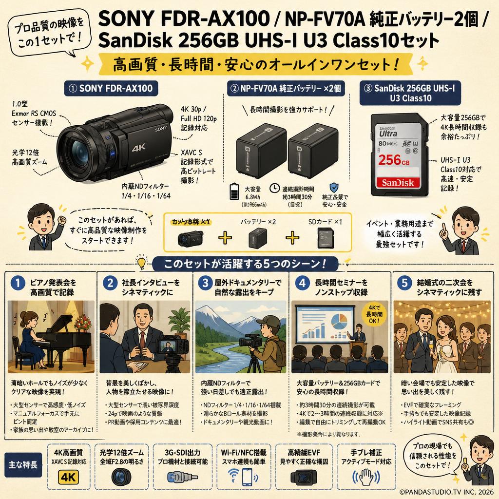 SONY FDR-AX100 / NP-FV70A 純正バッテリー2個 / SanDisk 256GB UHS-I U3 Class10セット 用途