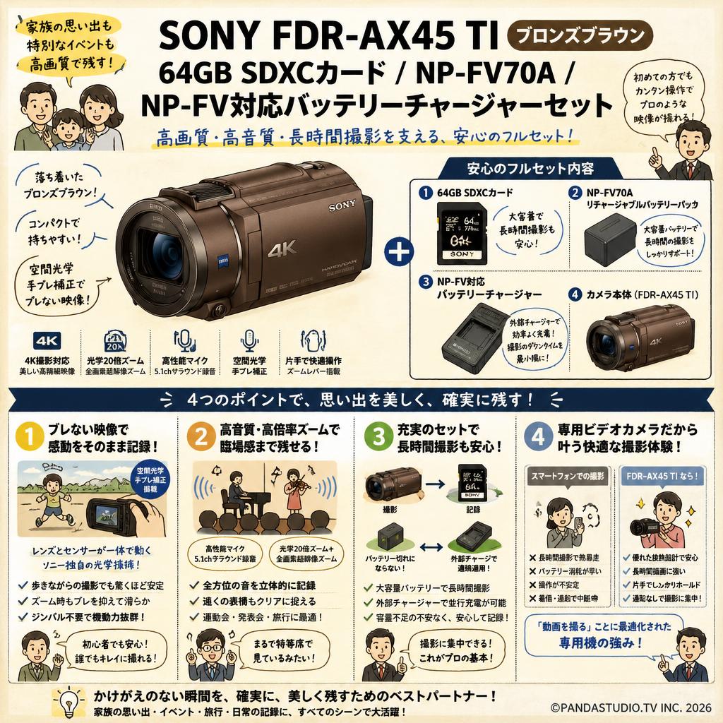 SONY FDR-AX45 TI ブロンズブラウン / 64GB SDXCカード / NP-FV70A / NP-FV 対応バッテリーチャージャーセット 概要