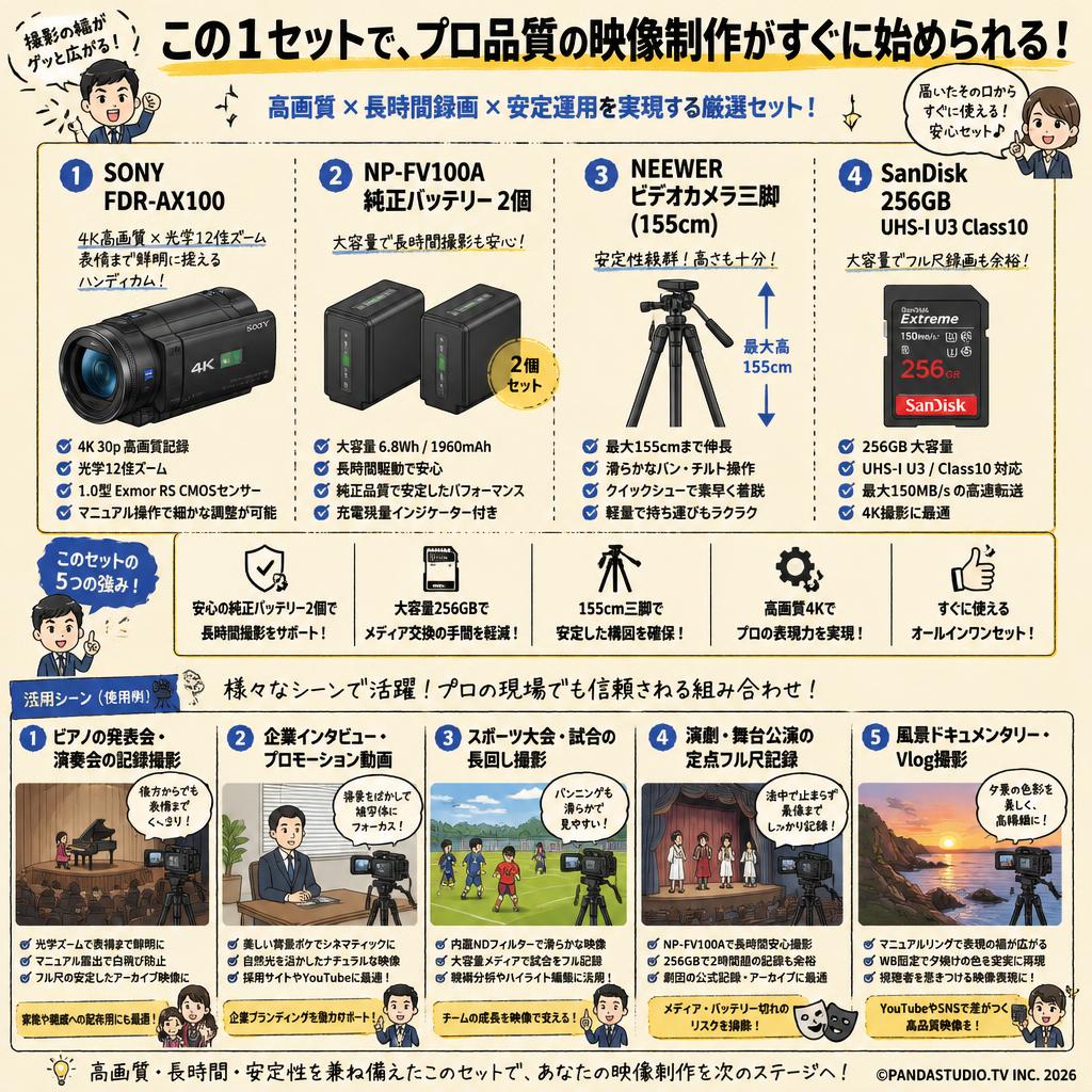 SONY FDR-AX100 / NP-FV100A 純正バッテリー2個 / NEEWER ビデオカメラ三脚 (155cm) / SanDisk 256GB UHS-I U3 Class10セット 用途
